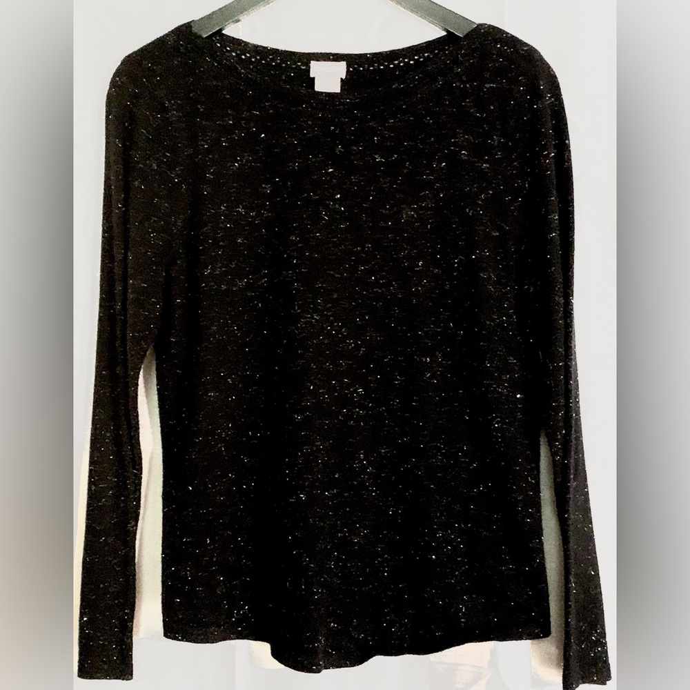 Chico’s Pullover Sweater Angelina Yarn Bateau w/Metallic Threads Black Size 1